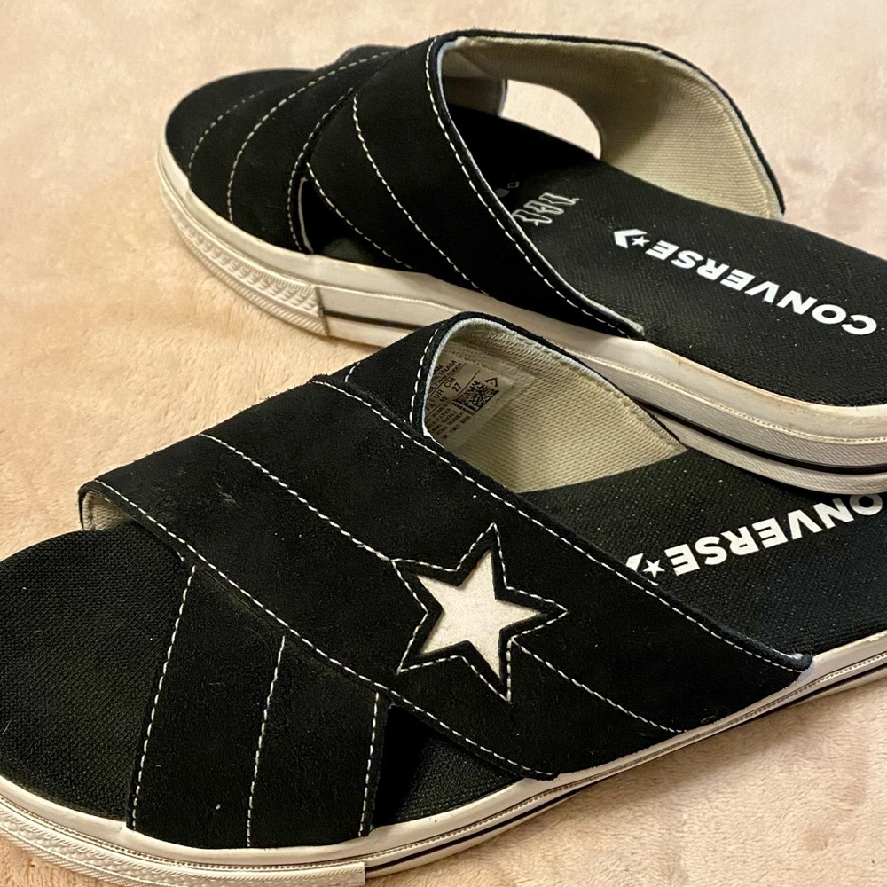 Black & white Converse One-Star slides, size 10